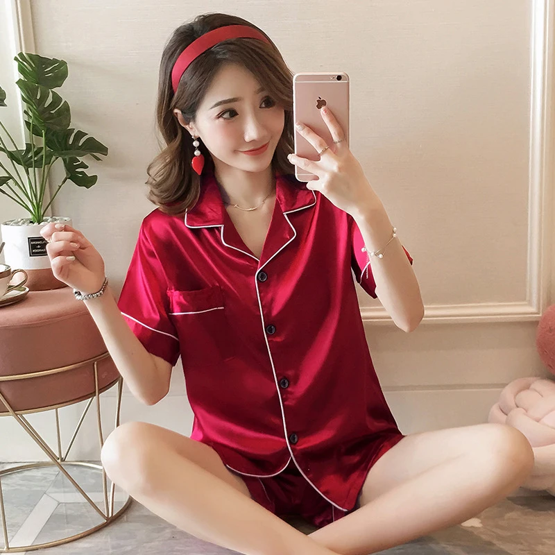 Wildly Popular Womens Satin Silk Pajamas Set Short Sleeve Button Down Top Shorts Sleepwear 2Piece Pjs Set Flip Collar Loungewear