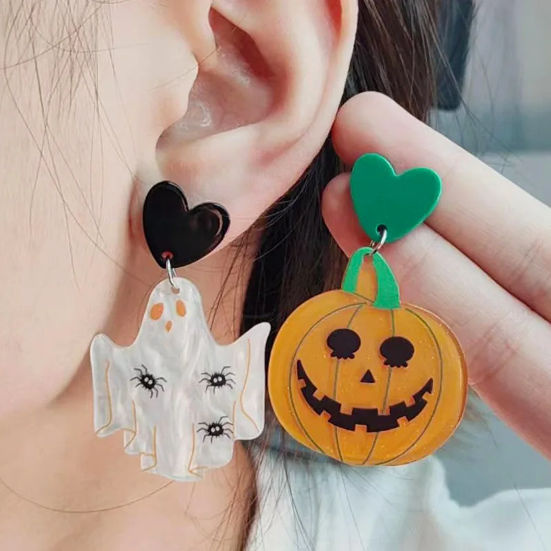 Fancy Acrylic Halloween Skull Pumpkin Stud Earrings for Women Female Gothic Big Dangle Jewelry Party Pierced Ghost Ear Drop Gift