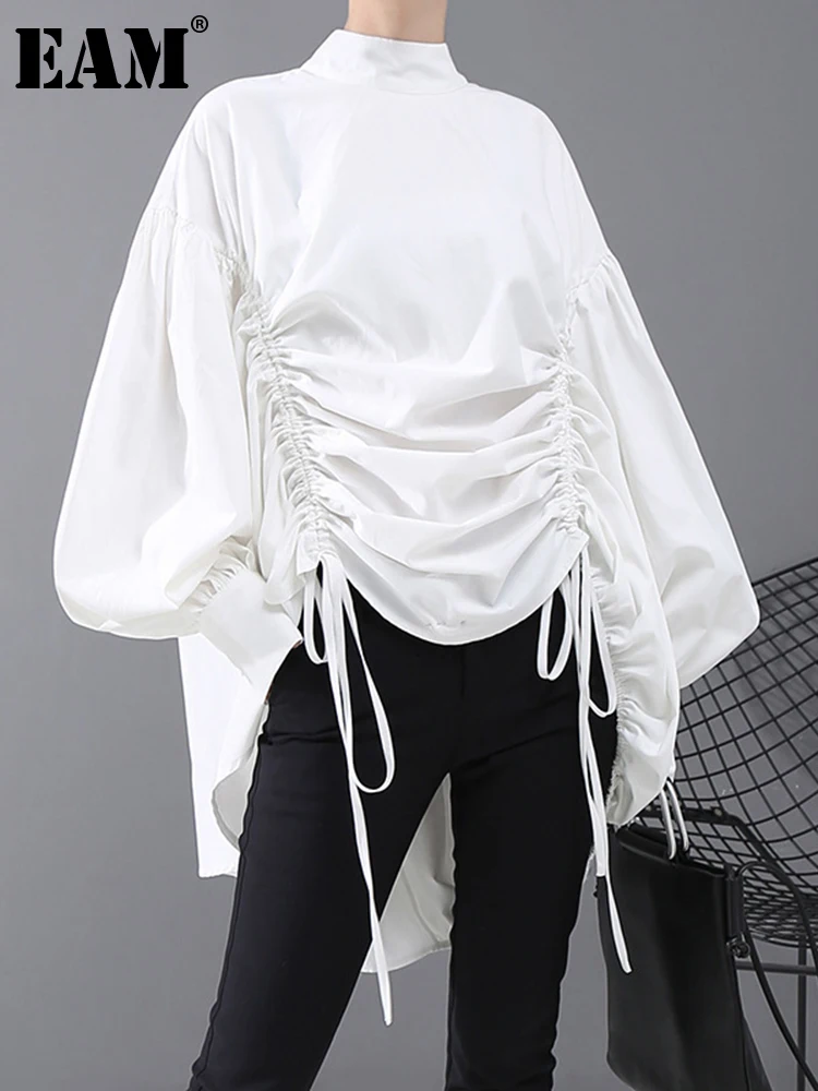 [EAM] Women Back Long Drawstring Big Size Blouse New Satnd Collar Long Sleeve Loose Fit Shirt Fashion Spring Autumn 2024 1N242