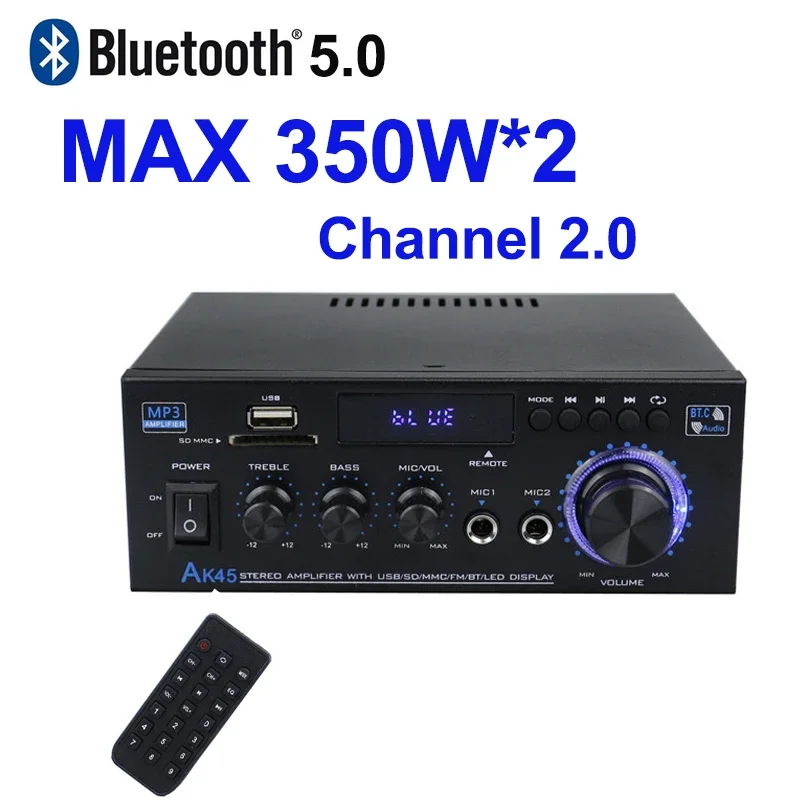 AK45 Bluetooth 5.0 Power Amplifier 2.0CH 60W X 2 Output Max 400W Subwoofer Hi-Fi Audio Amplifier Stereo Amplifier Receiver