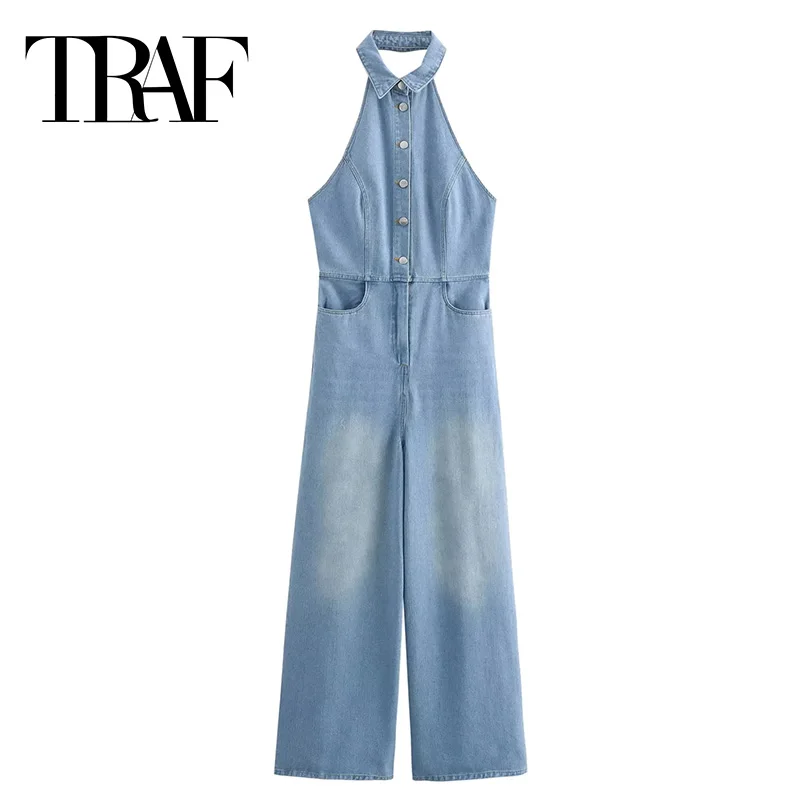 

TRAF Halter Denim Jumpsuit Women Off Shoulder Long Jumpsuits Woman Elegant Backless Wide Leg Jumpsuit Women's Jeans Overalls