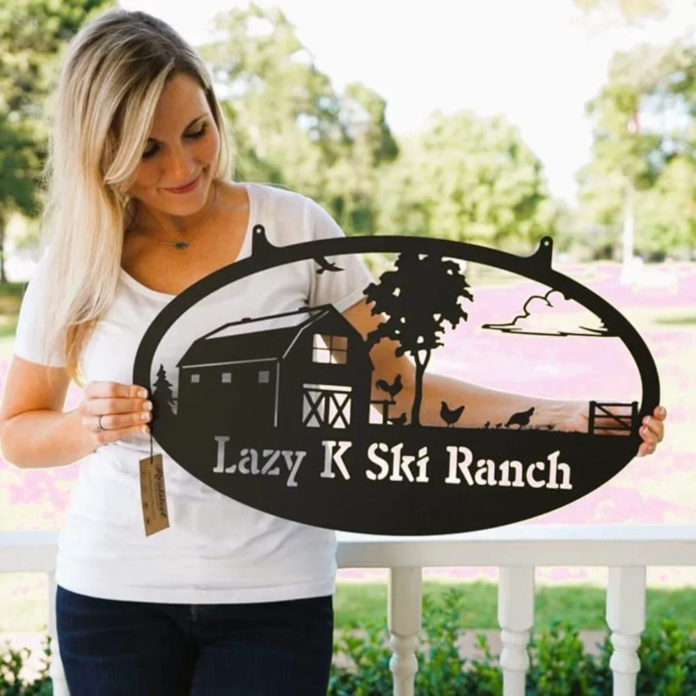 

RealSteel Metal Sign, Personalized with Custom Farm Scene of Barn, Horse, Trees, Fence, and Family Name for Outdoor Elegance