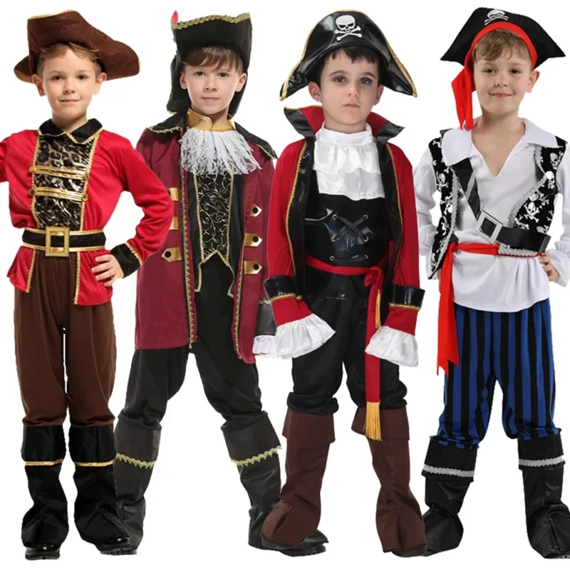 Un capitán pirata botas cubierta sombrero cinturón Halloween Cosplay disfraces niños fiesta de Navidad vestido de lujo sin armas