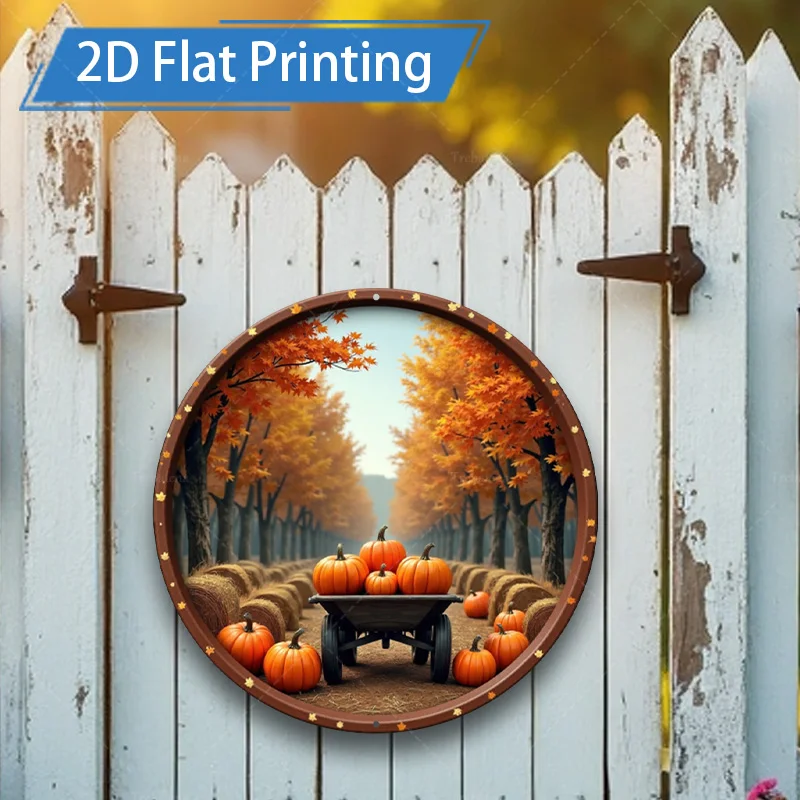1pc 8x8inch Metal Sign Autumn Pumpkin Scene 2D Flat Metal Wall Art Decor for Home Garden