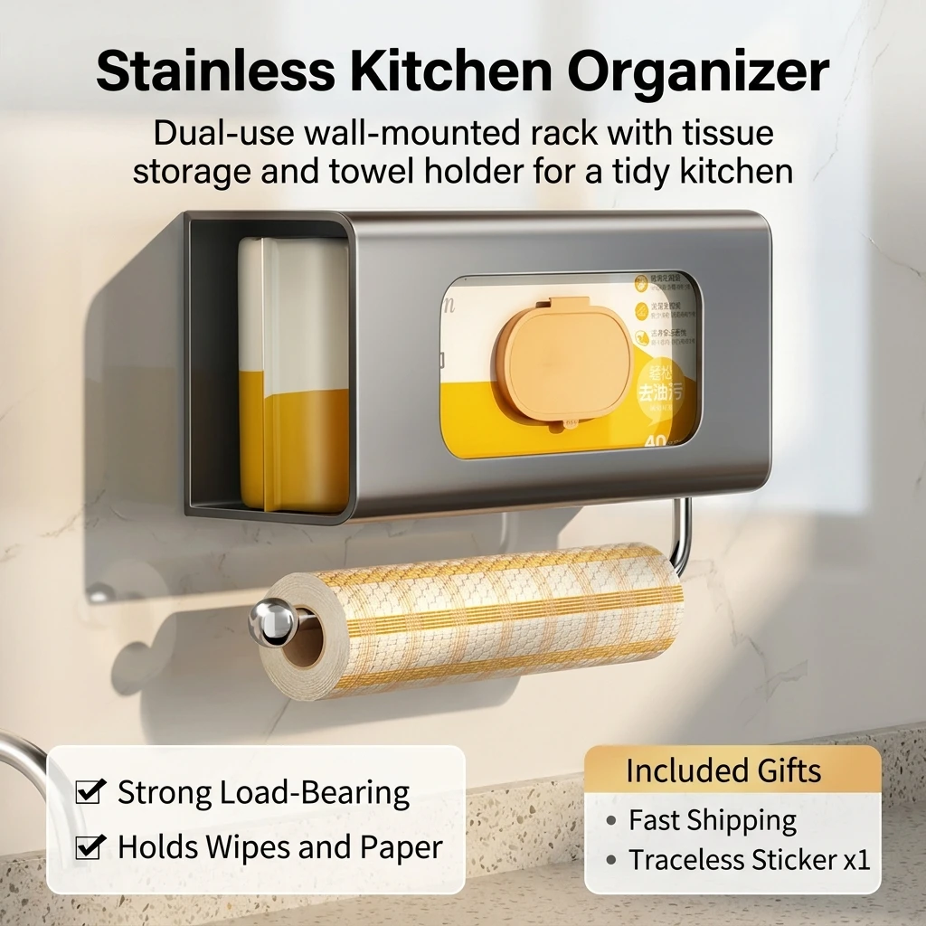

Stainless Steel Paper Towel Holder Wall Mounted Upside Down Design for Kitchen Wet Wipes Roll Storage Space Saving Organizer