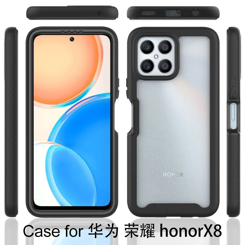 Heavy Duty Armor Shockproof Phone Case For Honor X8 X8a X6 4G 70 Lite Soft TPU Frame Hard Plastic Transparent Acrylic Back Cover
