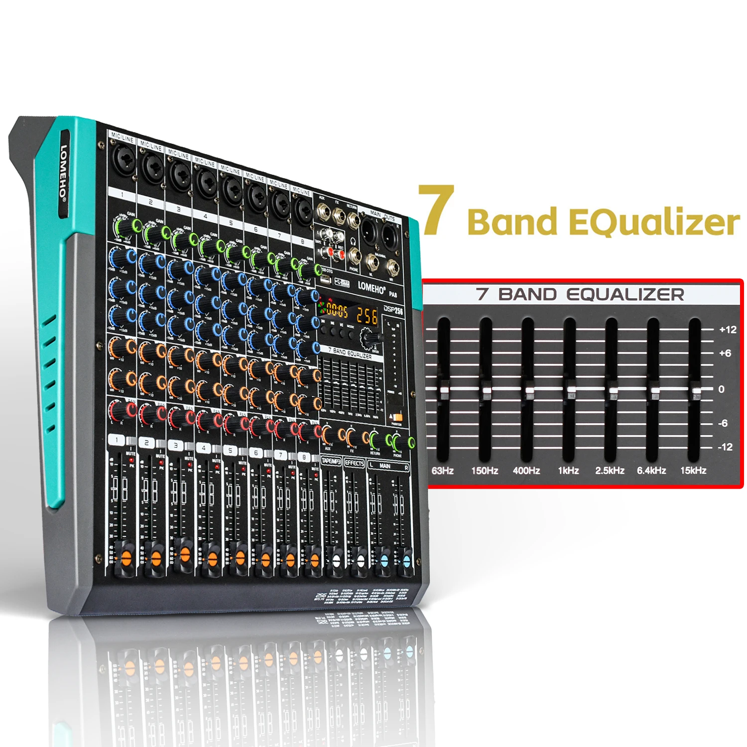 Lomeho 8 Mono Channels Sound Mixer 256 DSP Effects Bluetooth Mixing Console 7 Band EQ 48V 8 Way USB Aux Audio Table for Show PA8