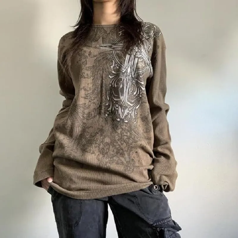 Retro Goth Pattern Long-sleeved T-shirt High Street Dark Punk Y2k 90s Harajuku O-Neck Loose Tops women Clothes vintage summer