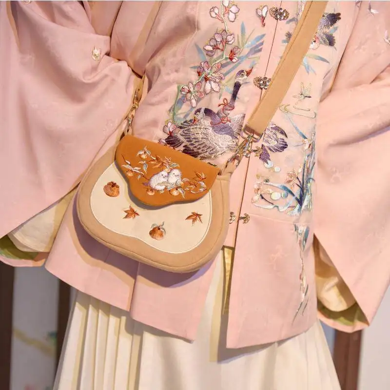 Sweet Chinese Classical Hanfu Girl Shoulder Bag Autumn Orange Romantic Embroidery Maple Leaf Persimmon Bird Branch Small Bag