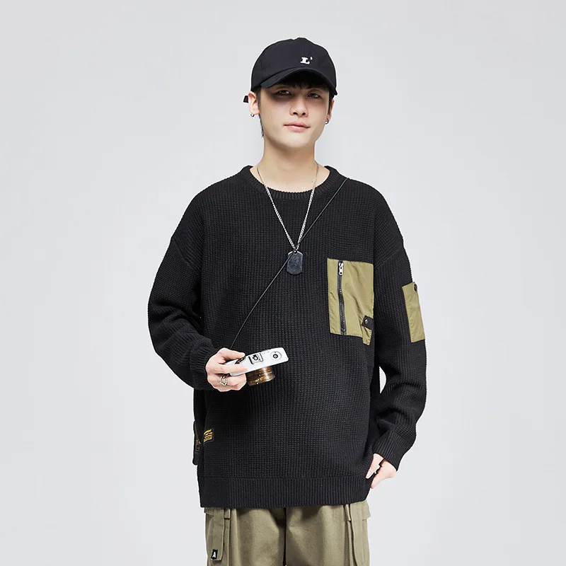 سترة رجالية جديدة للخريف والشتاء النسخة الكورية سترة فضفاضة برقبة دائرية سوداء مقاس كبير 6XL 7XL سترة رجالي بلوفرات 5XL