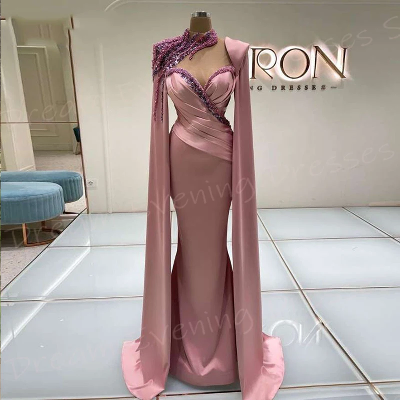 Robe de Soirée de Forme Sirène pour Femme, Tenue Élégante et Moderne, de Couleur Rose, à Manches Cape, avec Perles, pour Bal de Promo, Tout Populaire, Nouvelle Collection 2024