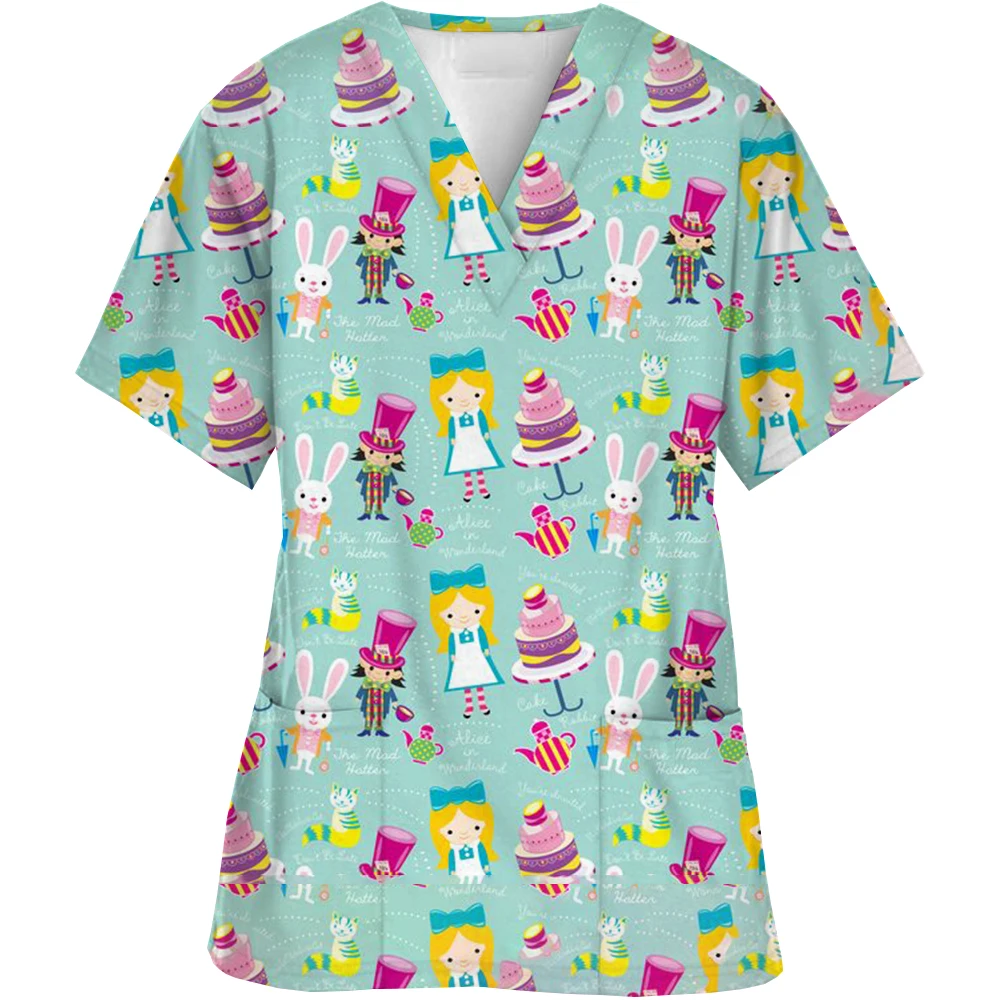 Disney Princess Print Hand Washing Nurse Uniform Women's V Neck Short Sleeve T-Shirt Tops Pet Hospital Wear Work Clothes