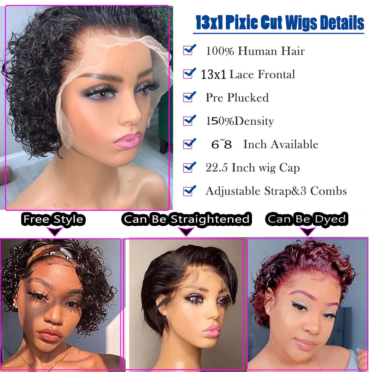 Short Pixie Cut Afro Kinky Curly Wigs Human Hair Brazilian Hair 13x4 Jerry Curly Short Bob Wig Swiss Lace Front Human Hair Wig