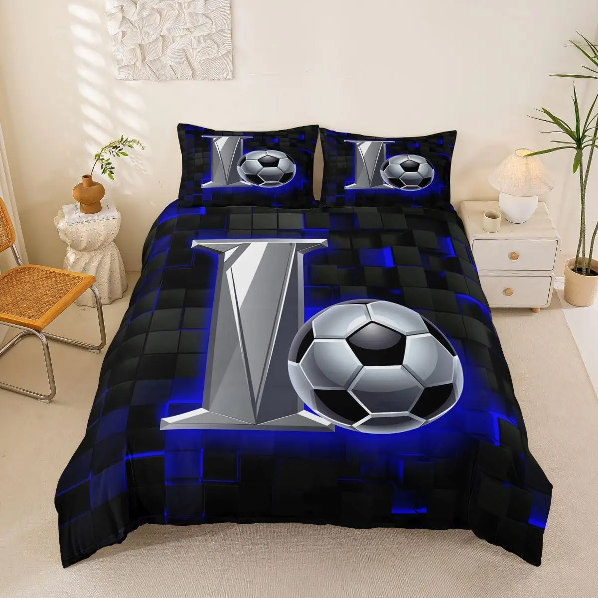 Soccer Single Duvet Cover Set Football Initial Letter I Bedding With 1 Pillowcase Neon Black Blue Gaming Checkered