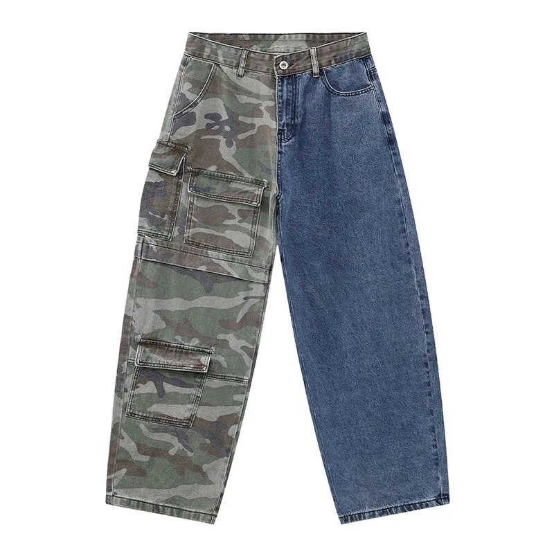 

Vintage Hip Hop Streetwear Jeans Pants Patchwork Loose Multi Pockets Denim Trousers For Male Camouflage