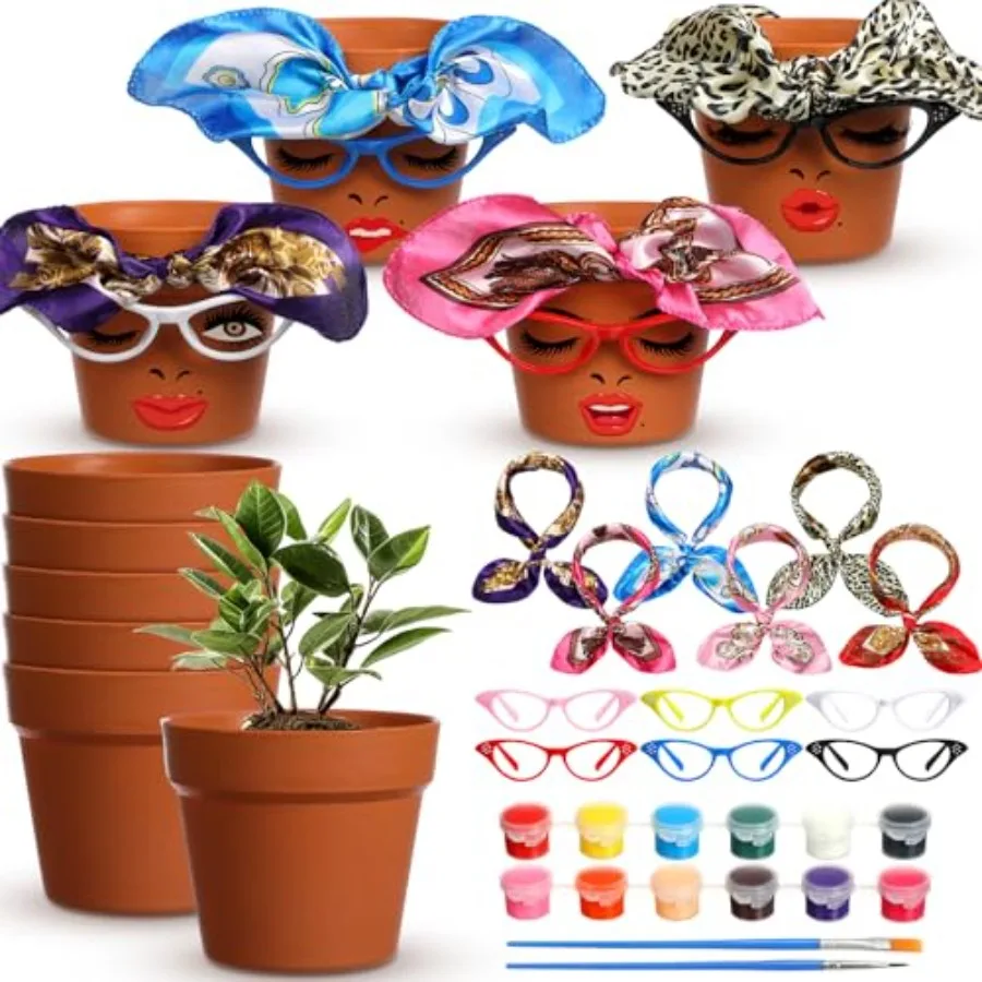 

Набор из 6 цветочных горшков с милым лицом и забавным дизайном для украшений на Рождество и Хэллоуин, включает в себя акриловую краску Glasse