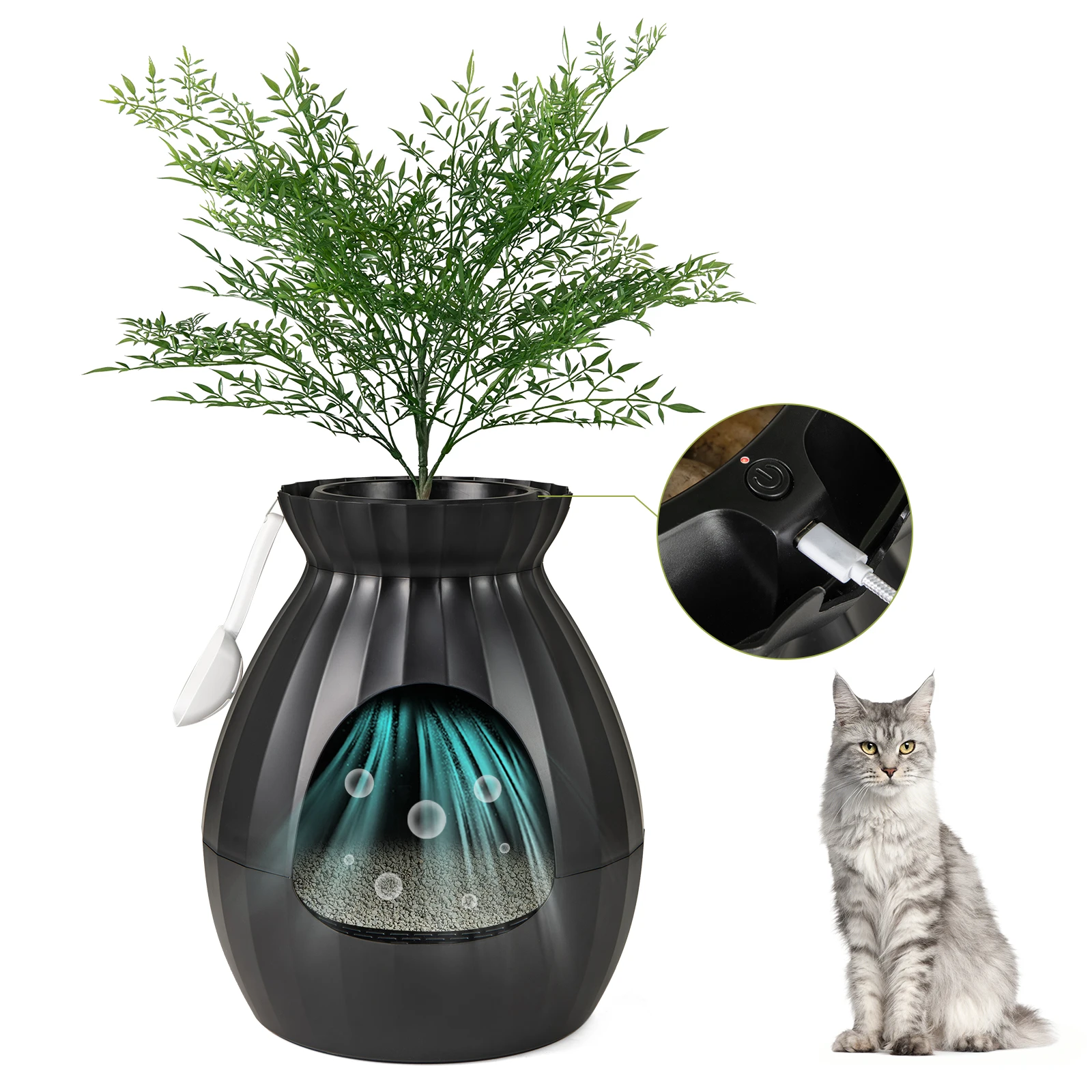 Bac à litière pour chat, élimination et stérilisation intelligente des odeurs, style pot de fleur, rideau de porte, 63 L