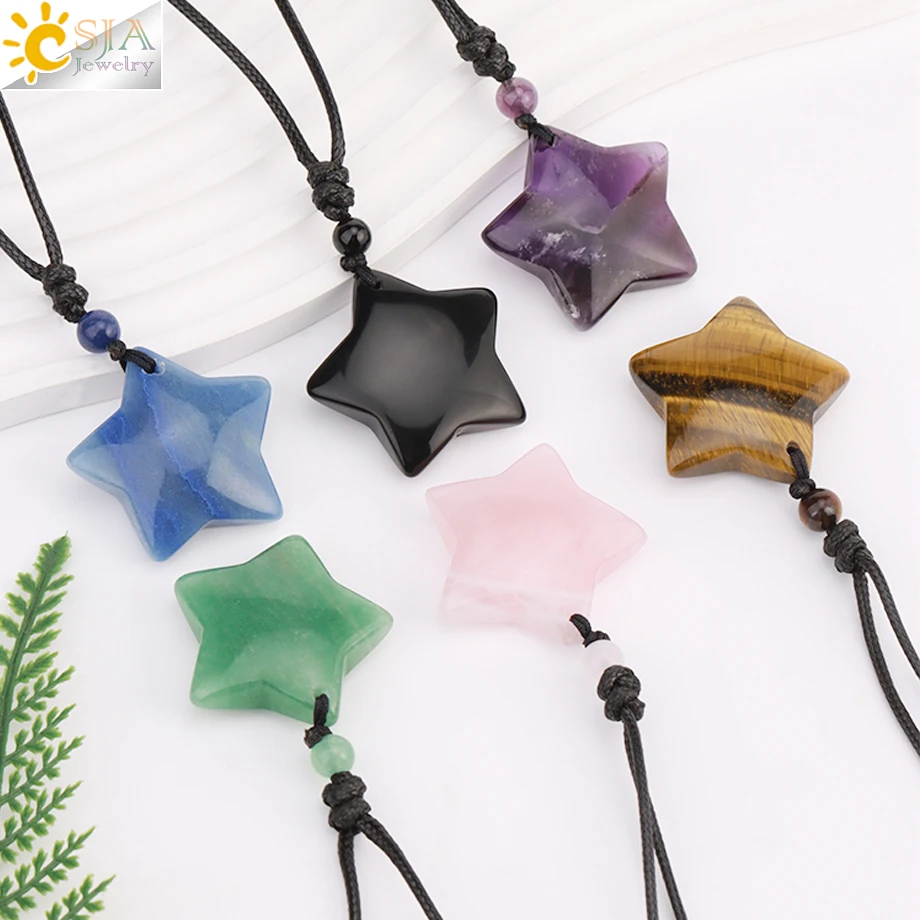 Healing Star Crystal Necklace Natural Stone Pendant Tiger Eye Amethyst Rose Quartz Black Obsidian Necklaces for Men Women H301