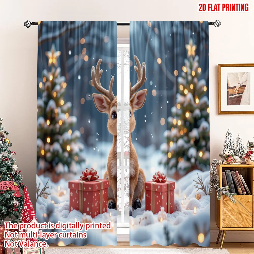 

2pcs 2D flat printing Christmas Party Curtain Cute deer winter gifts 100% Polyester Without Electricity Family Party Use for