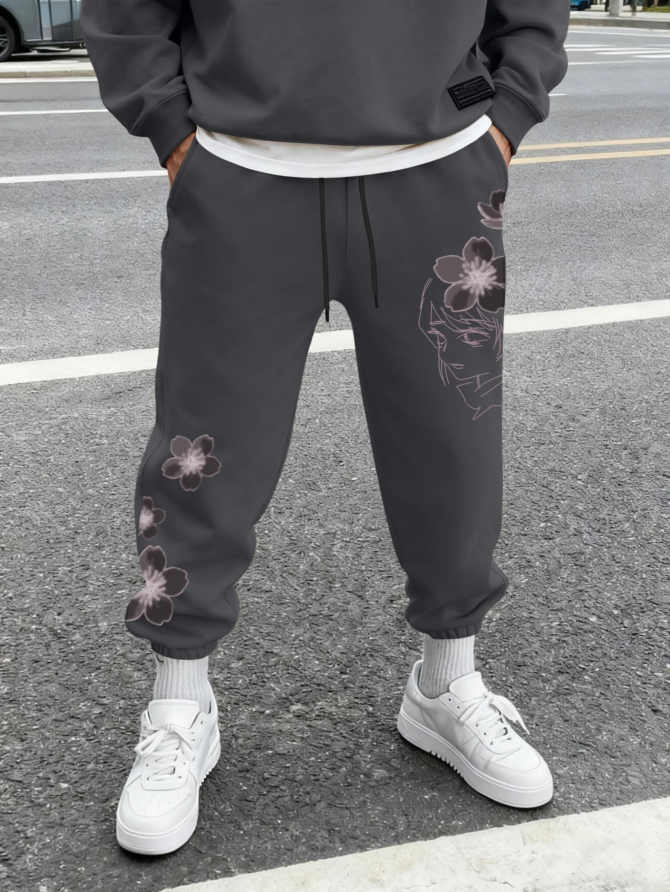 Men Jogger Sweatpants Anime Character Sketch Cherry Blossom Side Print Drawstring Elastic Cuff Streetwear Trousers