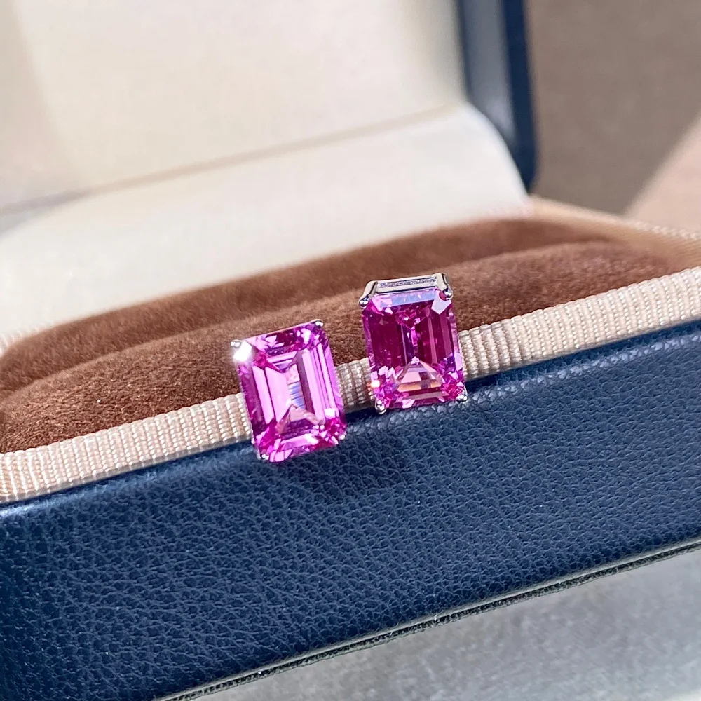 S925 sterling silver 6X8mm stud earrings female cultivation pink and blue treasure long simple high-end design stud earrings