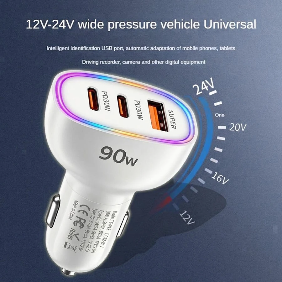 Fast Car Charger 90W 3 Ports Multi USB C PD 30W and USB A QC 30W Automobile Power Adapter with Glowing Ring For Smart Devices