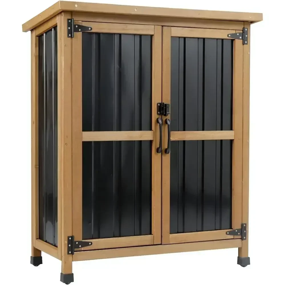 Weatherproof Wood and Metal Outdoor Storage Cabinet with Lockable Double Doors and Removable Shelves for Garden Tools