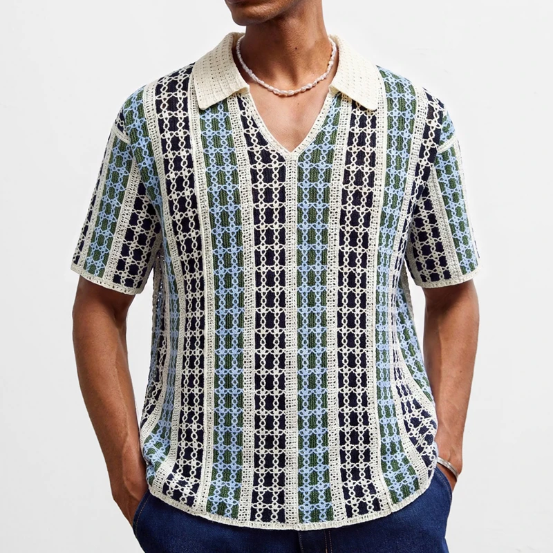 Lapel V-neck Knitted T-shirts Men Striped Crochet Polo Shirt Loose Dropped Shoulder Knitting Tops Casual Summer Men Cloth SY0222