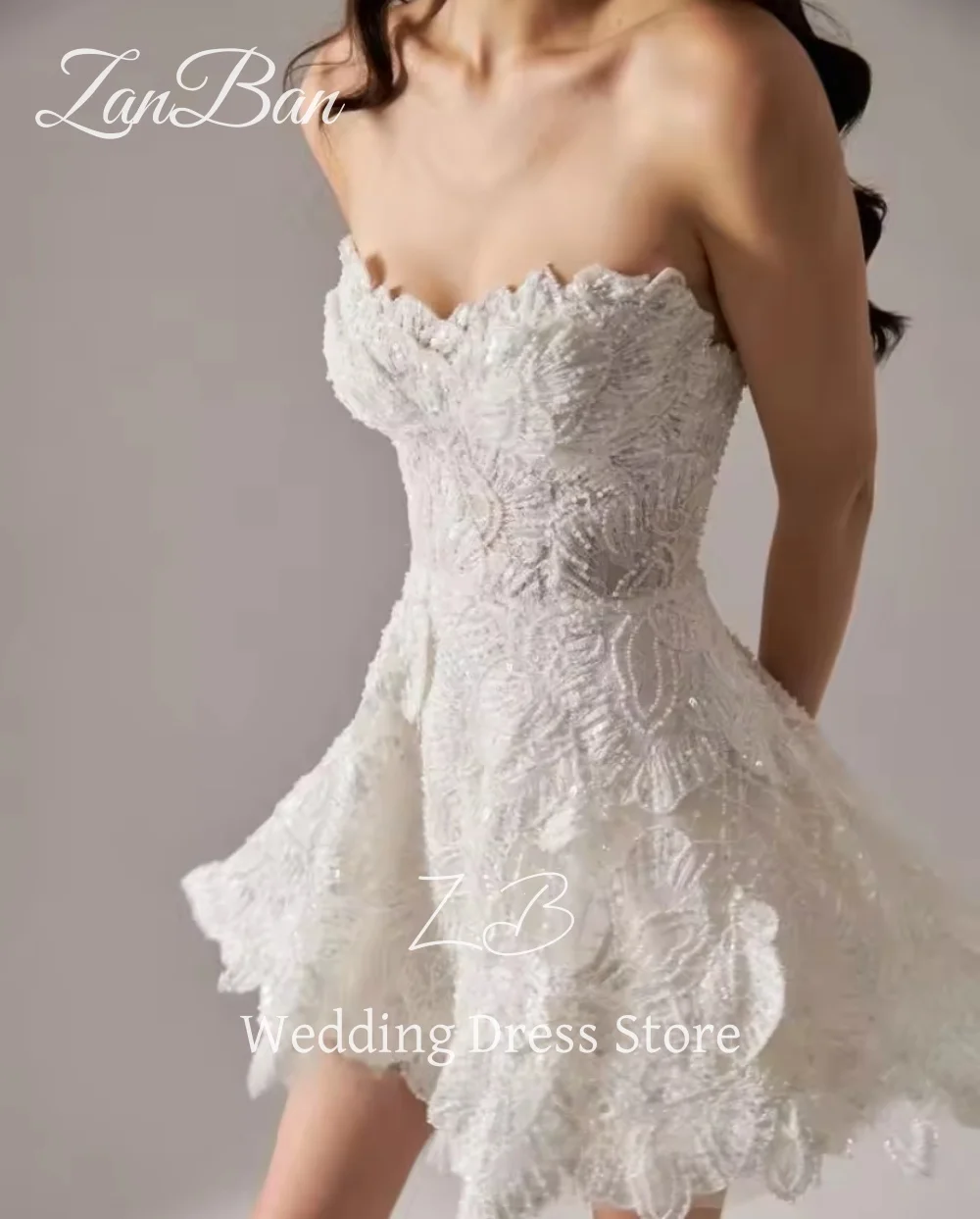 ZanBan Luxury Full Beads Lace Mini Short Wedding Dresses Sweetheart Sleeveless Bride Dress Formal Prom Dress Customized