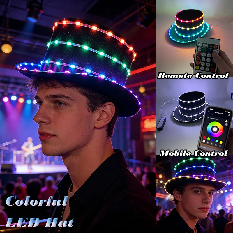 

Fashion Light Up Jazz Cap Colorful LED Glowing Hats Performance Costume Accessories Bar Club Party DJ Dance Luminous Fedora Hat