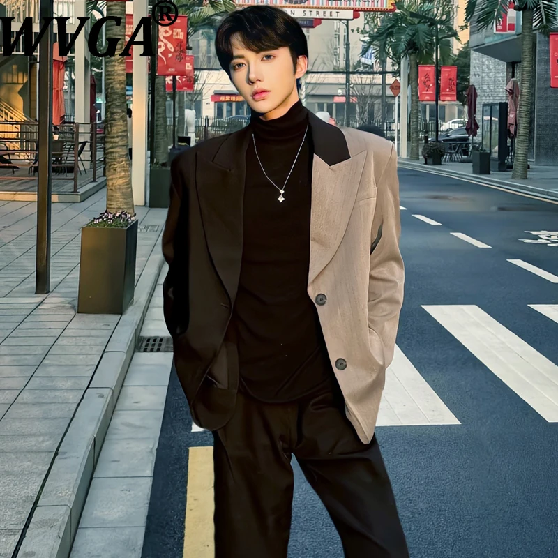 WVGA Spring Autumn New Men Tide Irregular Color Block Trendy Blazer Niche Chic Casual Shoulder Padded Suit Jacket Ins Y2K W16546