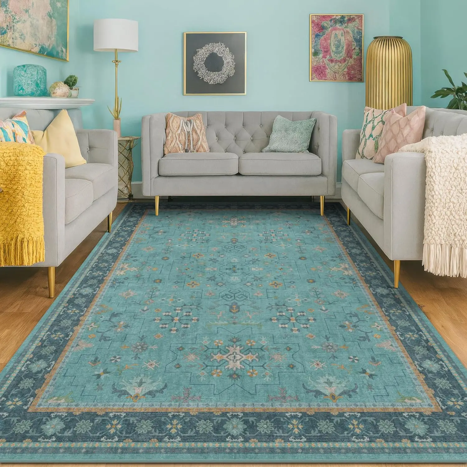 Teal Rug for Living Room, Boho Turquoise Rugs for Bedroom, Modern Eclectic Low-Pile Carpet for Dining Table, Washable Non-Slip