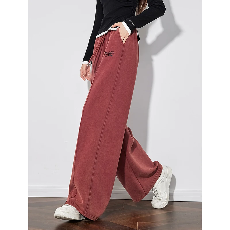 TOYOUTH Women Casual Pants 2024 Autumn and Winter New Elastic Waist Thicking Warm Straight Wide Leg Lazy Style Sports Pants