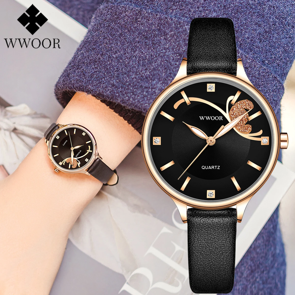 

WWOOR New Women Watch Luxury Brand Ladies Dress Watches Elegant Leather Waterproof Diamond Quartz Wrist Watch Gift Montre Femme