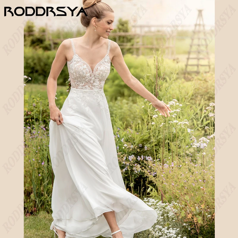 

RODDRSYA Sexy V-Neck Chiffon Wedding Dress For Women Romantic Spaghetti Straps Bridal Gown A-line Backless Bride Party 웨딩드레스