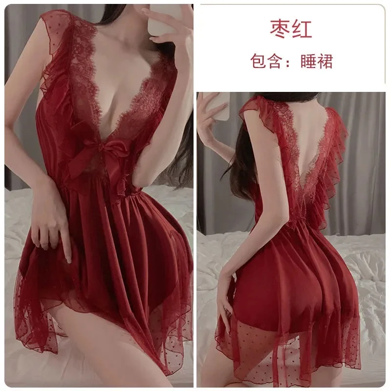 2024 New Sexy Women V Neck Dot Dress Gauze Erotic Charm Mature Elegant Gentle Soft Romantic Passion Bowknot Sweet New Style