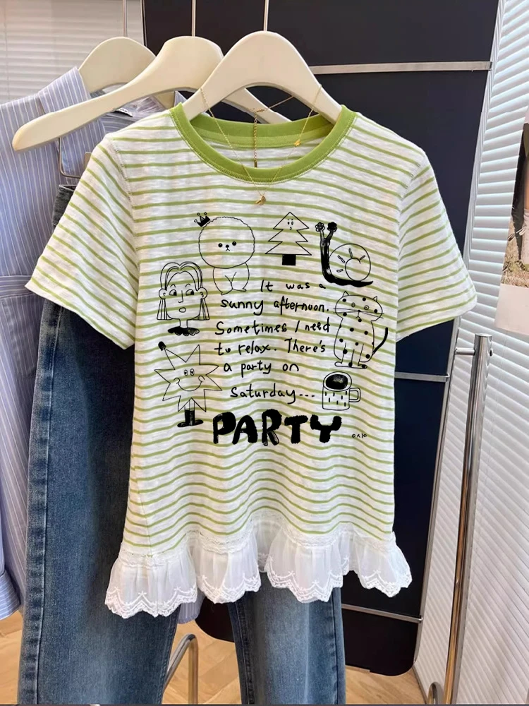 Retro Print Splice ort Sve T-irt ex Summer Korean Sle Casual Striped oulder Top Moisture ng Regular Fit