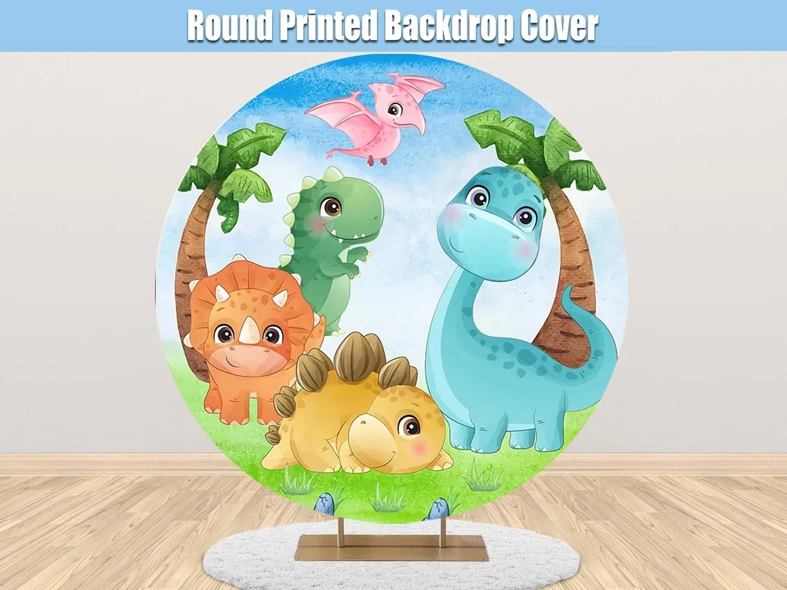 Cartoon Dinosaur Round Backdrop Kids Birthday Baby Shower Circle Backdrop Cover Party Decor Custom Banner