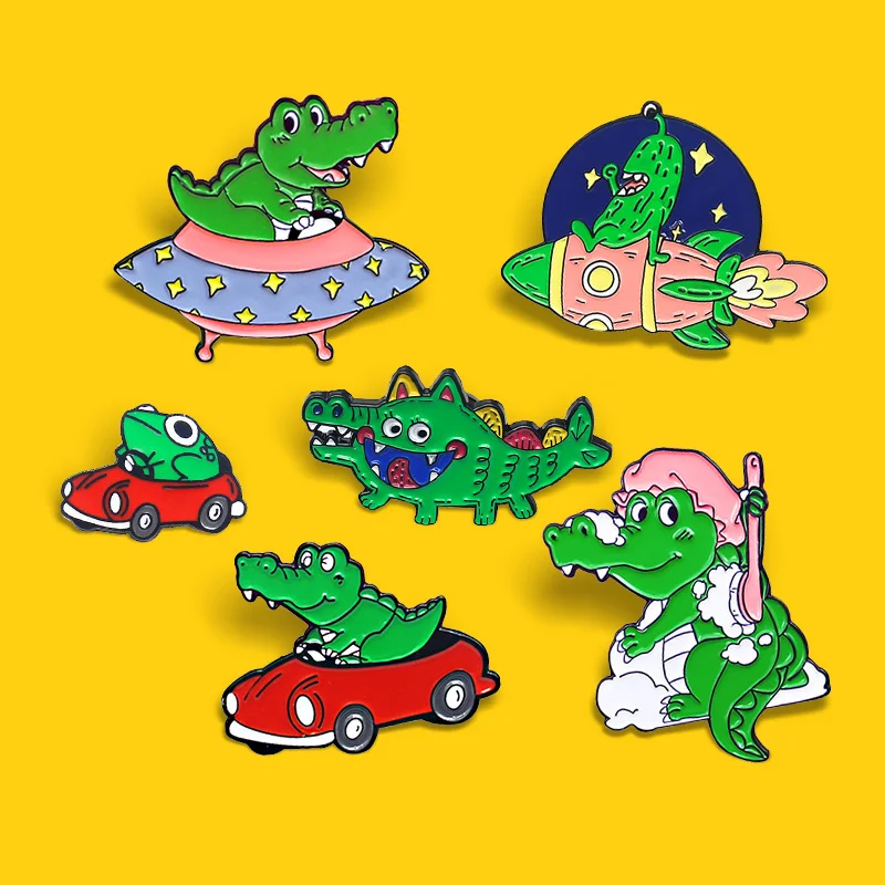 Funny Frog Crocodile Enamel Pin Custom Green Animal Brooches Froggy UFO Universe Airship Red car Badge Jewelry Gift for Friends