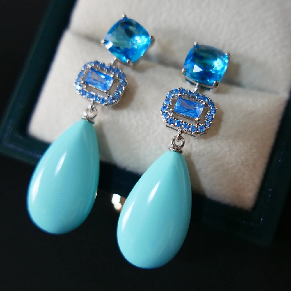 KQDANCE Natural Stone Zircon Long Blue Turquoise Water Drop Earrings With 925 Silver Needle Gold Plated Teardrop Jewelry Gifts