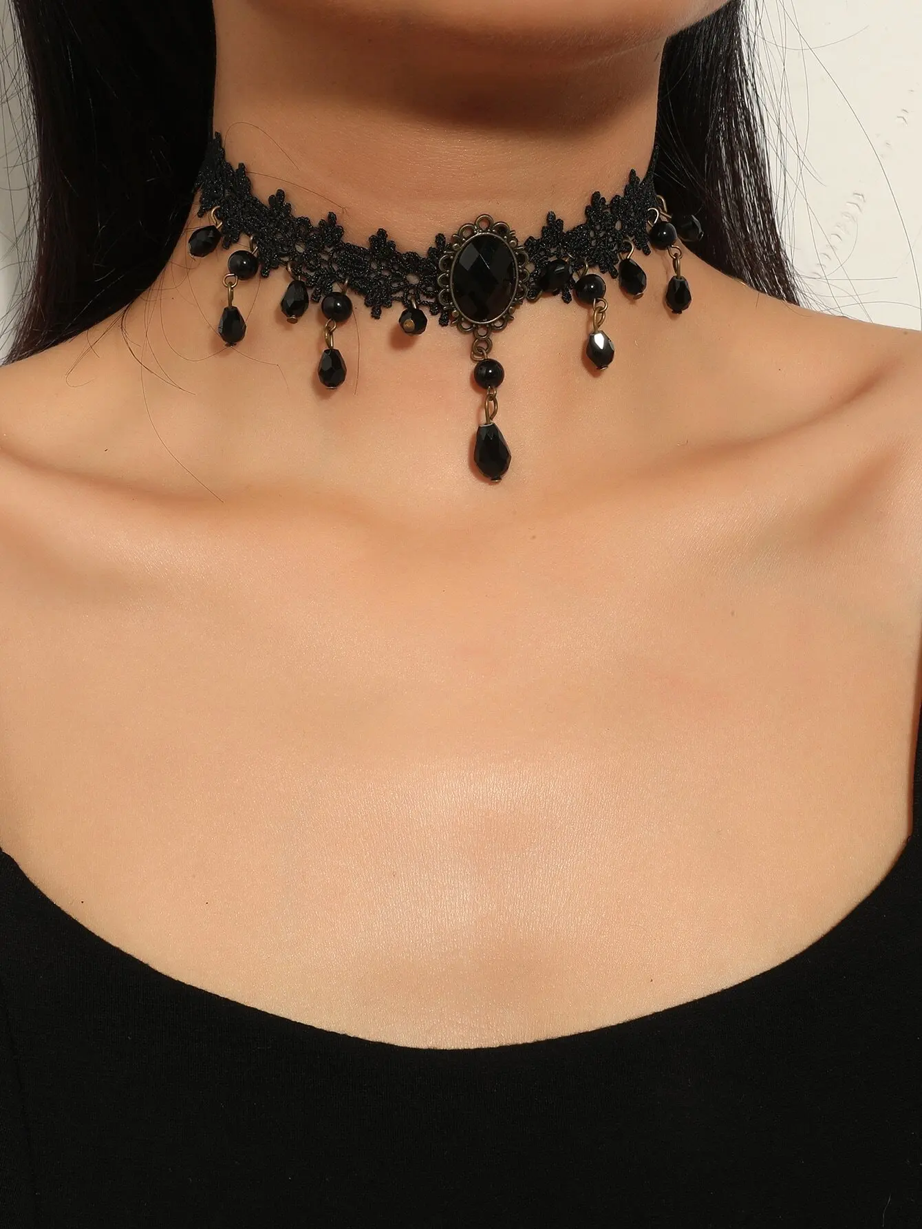 

Black Lace Choker Necklace with Faceted Beads and Vintage Pendant for Gothic Style