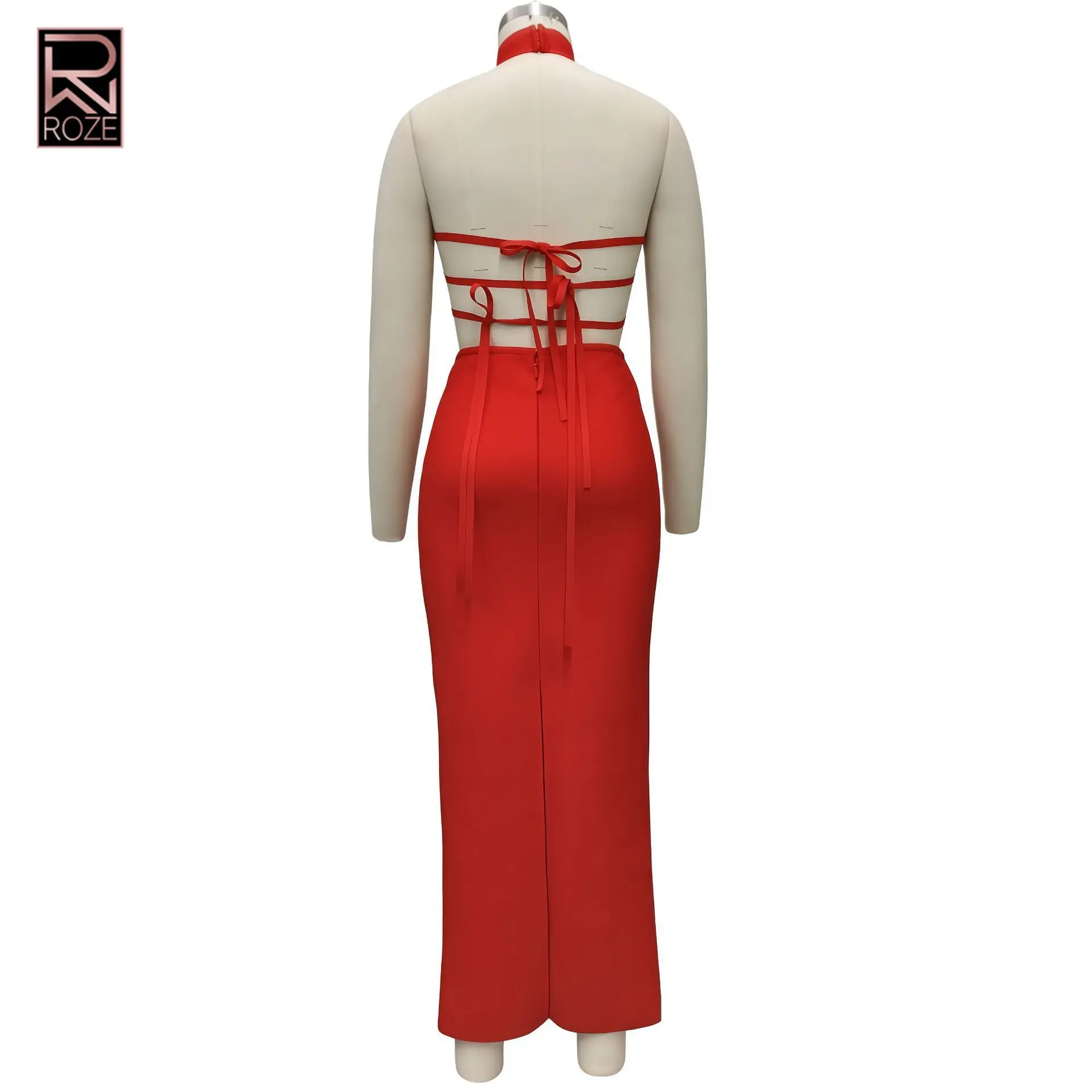 鮮やかな赤色の包帯風イブニングドレス - エレガントなハイネック、魅惑的なバックカットアウトとレースアップディテール、フォーマルな宴会やパーティー用ドレス