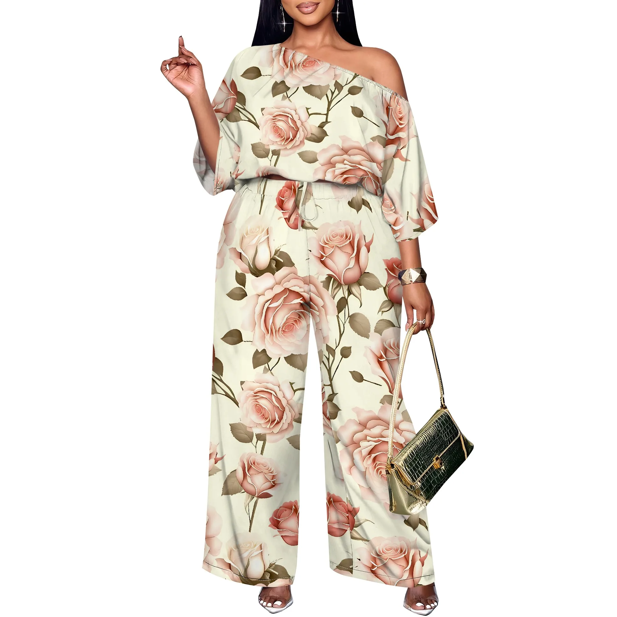 Nupusa Rose Print Two - Piece Set for Women Standard Size Summer Casual Off - Shoulder Half Sleeve Wide Leg Set