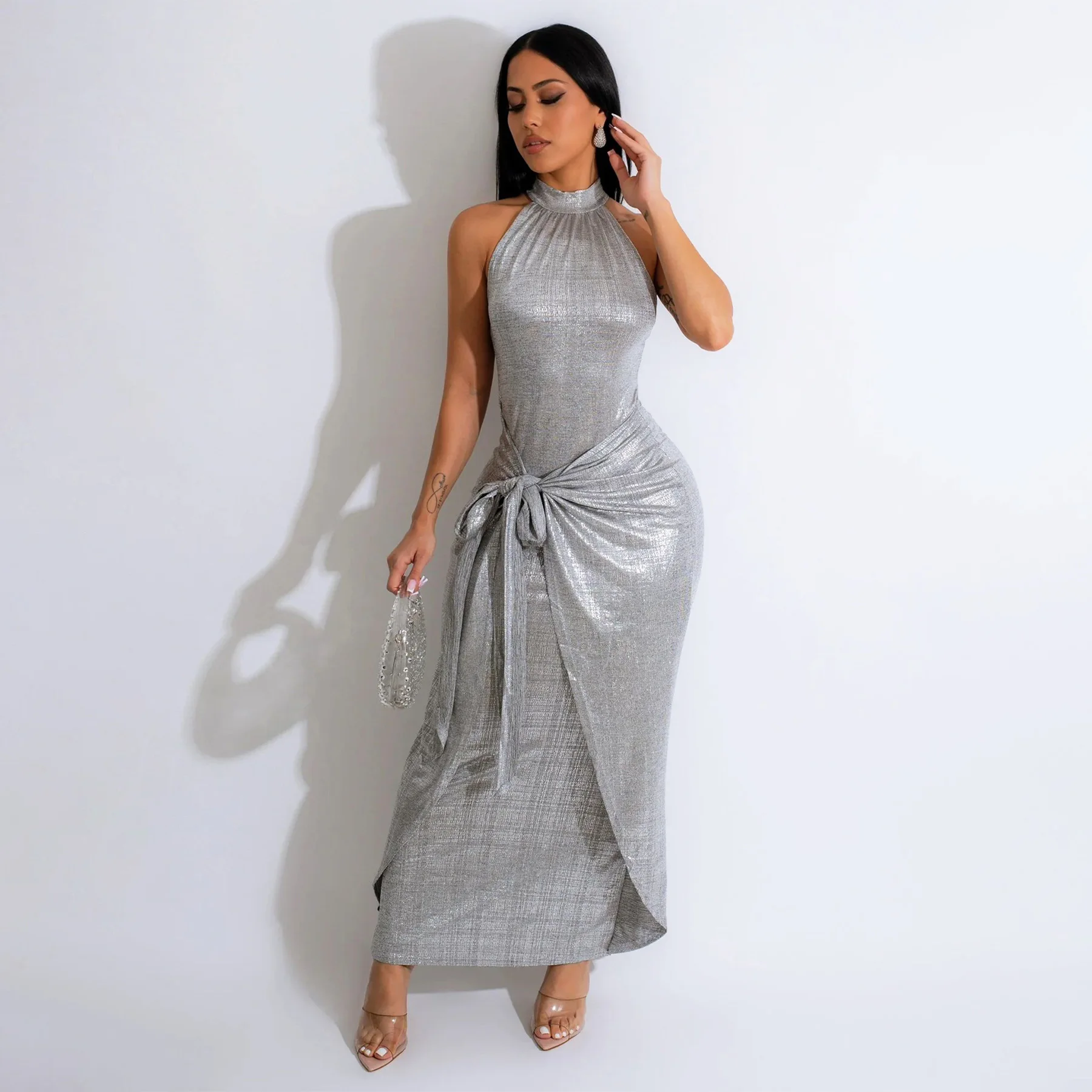 

Silver Shiny Bandage Long Dress Sexy Lady Party Bodycon Evening Dresses 2024 Women Elegant Luxury Maxi Winter Fall Dresses