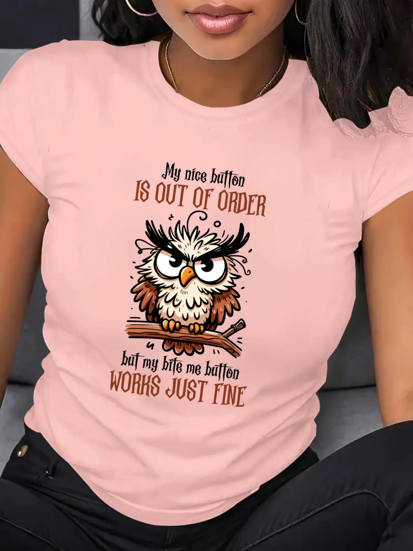 Ladies' Beautiful Short Sleeved Cute Owl Print Soft Elastic Round Neck Casual Top for Daily and Vacation Wear