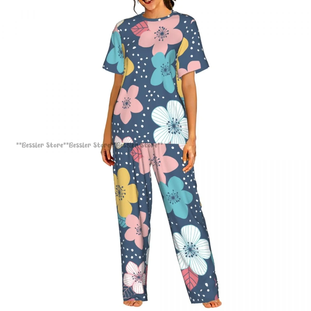 

Women's Comfort Pajamas Women's Colorful Floral With Dots Short Sleeve Set Sleepwear
