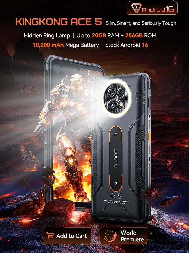 Rugged Smartphone Android 16, Cubot KingKong ACE 5, 20GB RAM(8+12GB), 256GB ROM, 10200mAh Battery, 6.745" 120Hz Screen, 48MP,NFC