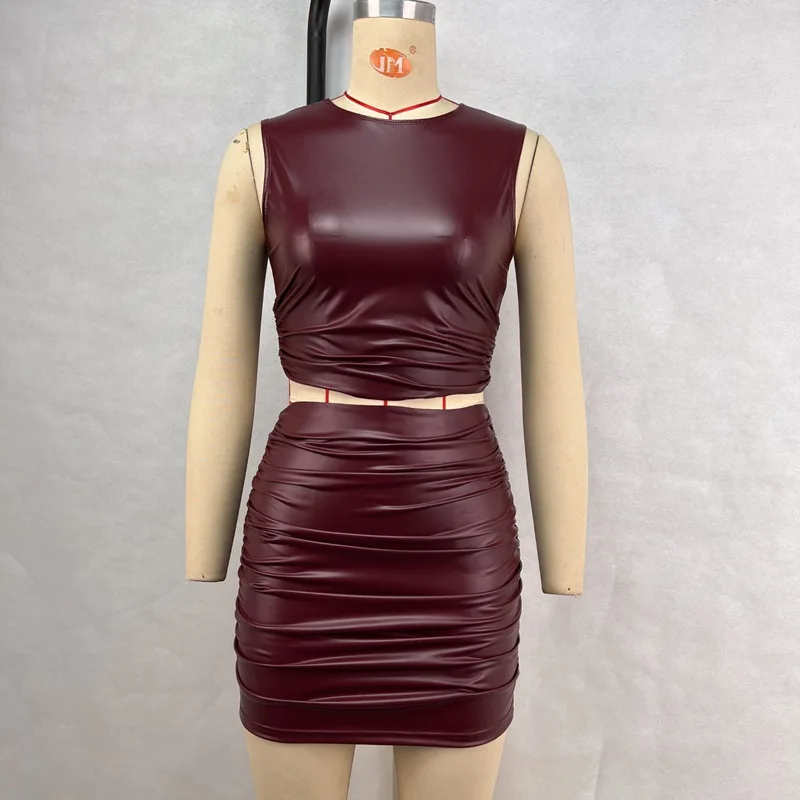 

DSMTRC Summer Dress Matching Suits Claret Color Pu Leather Crop Top+Mini Skirts for Woman Sexy Club Party Folds Solid Streetwear