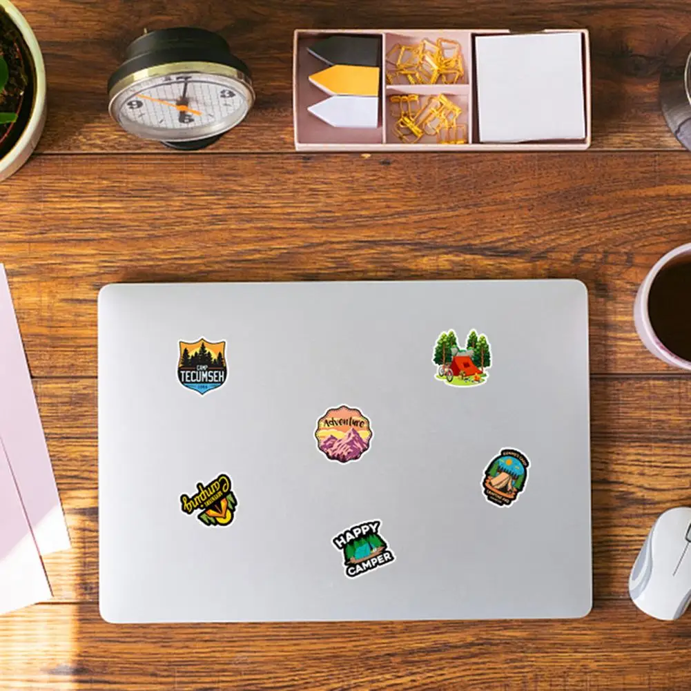 Happy Camping-pegatinas para botellas de agua y cuaderno, pegatinas de papelería con estampado transparente, extraíbles, para álbum de recortes, 50 piezas