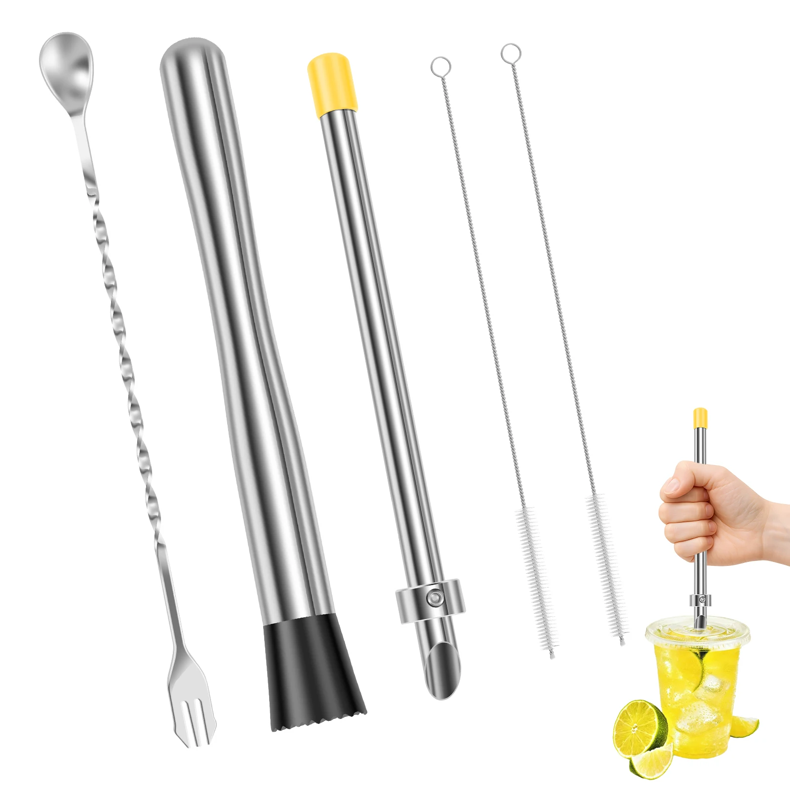 

6Pcs Lemonade Drinks Making Kits Solid Muddler Crushed Ice Hammer Straw Puncher Multifunc Popsicle Sticks Cocktail Swizzle Stick